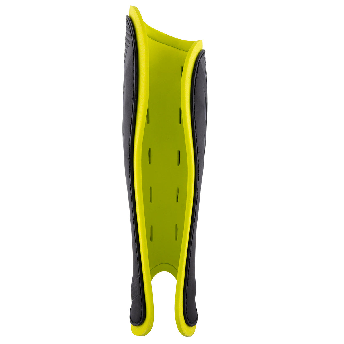 A side view of the Grays G600 Hockey Shinguard by Grays reveals its black and yellow curved design, lightweight polymer shell, and ventilated padding for superior impact protection.