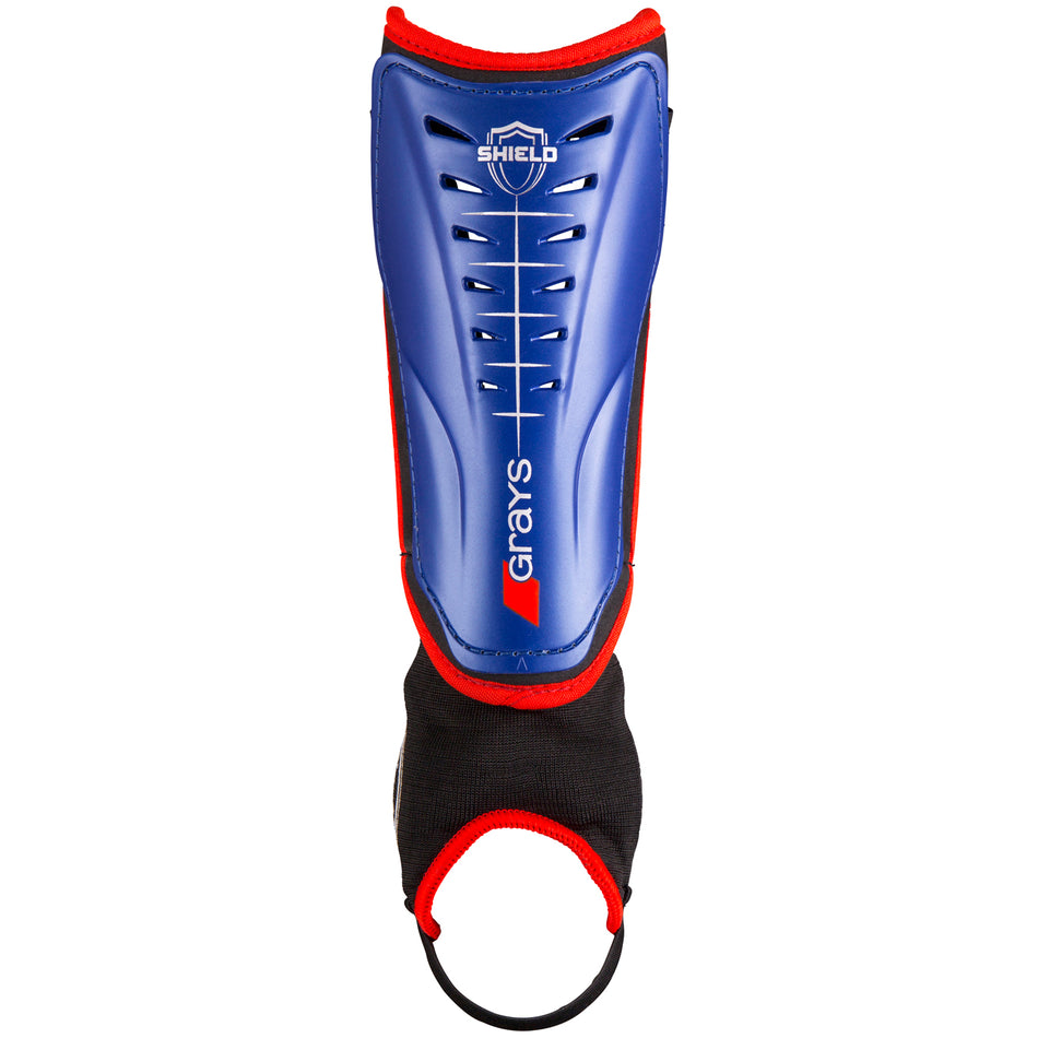 The Grays Shield Shinguard by Grays features a Royal/Red design, offering sports protection and shock absorption.