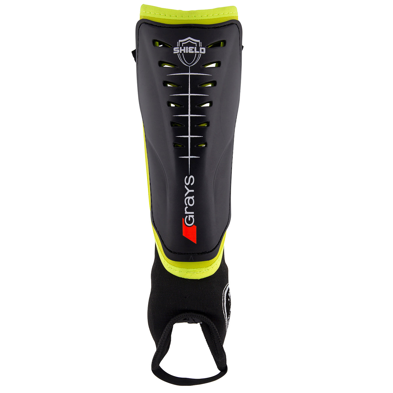 The Grays Shield Shinguard features a black/yellow design with the Shield logo, red accent, shock-absorbing material, and a protective ankle strap with padding for added comfort.
