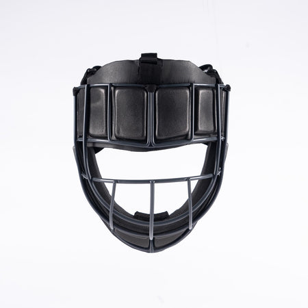 The Grays Elite Facemask by Grays, a black field hockey catcher's mask with metal bars, padded sections, and an impact absorption grille for extra protection, is shown against a plain white background.