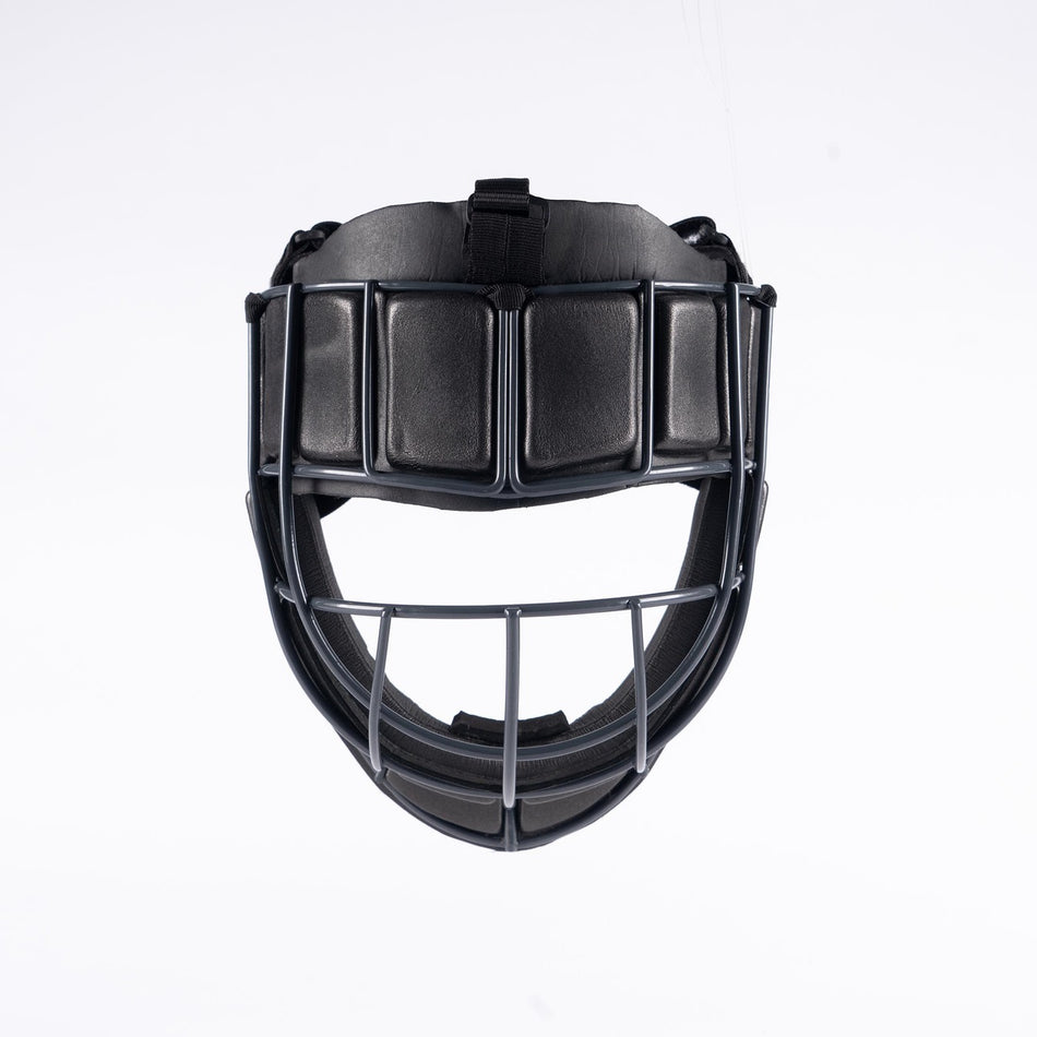 The Grays Elite Facemask by Grays, a black field hockey catcher's mask with metal bars, padded sections, and an impact absorption grille for extra protection, is shown against a plain white background.