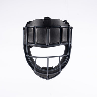 The Grays Elite Facemask by Grays, a black field hockey catcher's mask with metal bars, padded sections, and an impact absorption grille for extra protection, is shown against a plain white background.