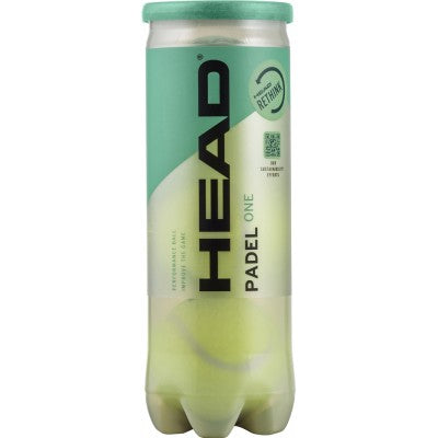 A cylindrical canister with a green and teal label holds three Head One Padel Balls by Head, featuring the logo and "Padel One" text vertically on the side.