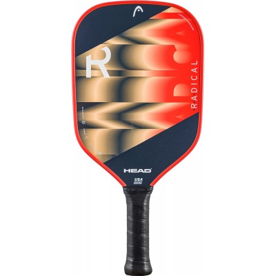 The Head Radical Pro Pickleball Racket by Head features a red and black design with a large "R," geometric pattern, Composite Hitting Surface, black grip, and "RADICAL" printed on the right for style and performance.