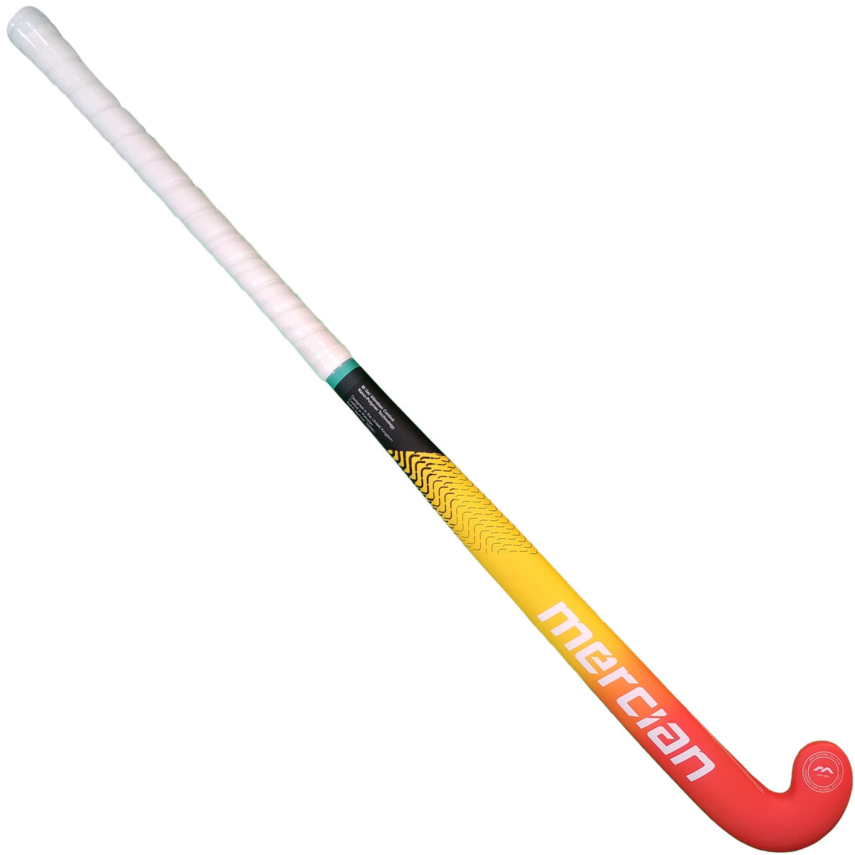The Mercian Genesis CF5 (2023) is a lightweight composite field hockey stick with a white grip, features a black-to-yellow-to-red shaft, and has "Mercian" in white on the red curved end.