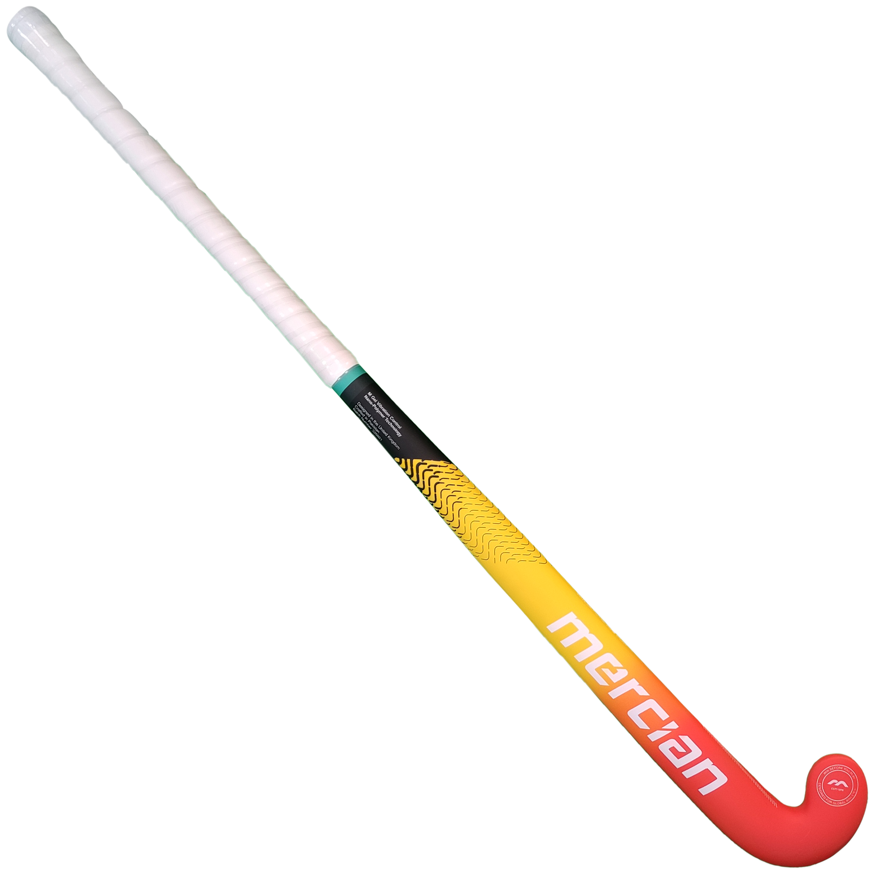 The Mercian Genesis CF5 (2023) is a lightweight composite field hockey stick with a white grip, features a black-to-yellow-to-red shaft, and has "Mercian" in white on the red curved end.