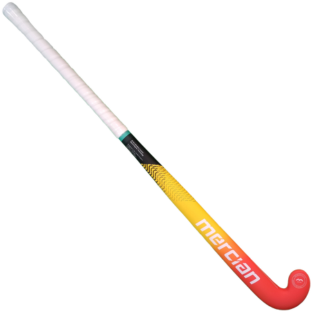 The Mercian Genesis CF5 (2023) is a lightweight composite field hockey stick with a white grip, features a black-to-yellow-to-red shaft, and has "Mercian" in white on the red curved end.