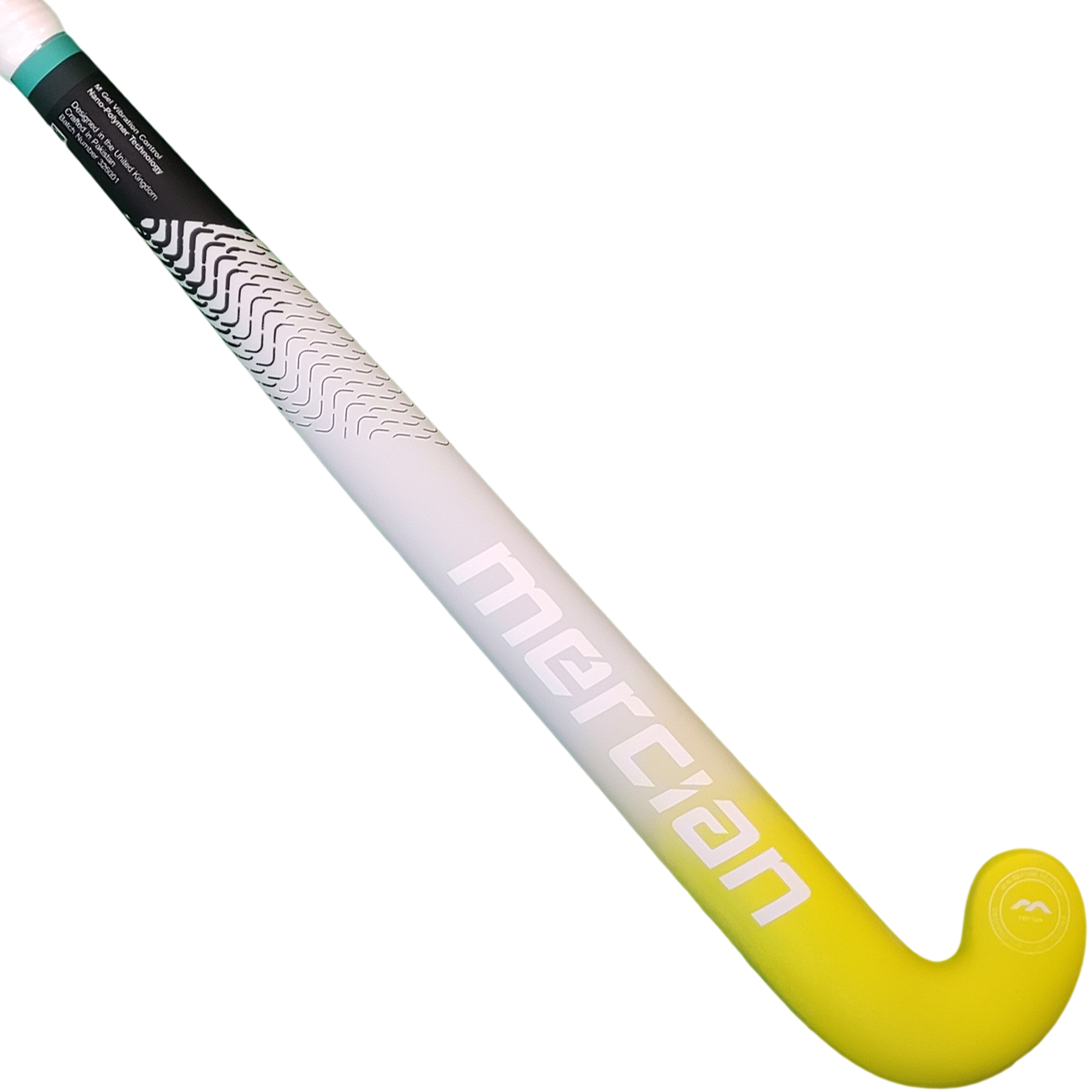 The Mercian Genesis CF5 (2023) is a yellow and white composite stick with a curved end and black handle pattern, known for its lightweight build, pictured on a plain white background.