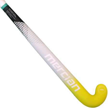 The Mercian Genesis CF5 (2023) is a yellow and white composite stick with a curved end and black handle pattern, known for its lightweight build, pictured on a plain white background.