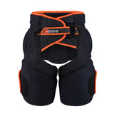 The Grays Elite Padded GK Shorts feature black padding, orange trim, velcro straps, and high-density foam armor for impact protection in goalie sports. The Grays brand name is displayed on the front closure.