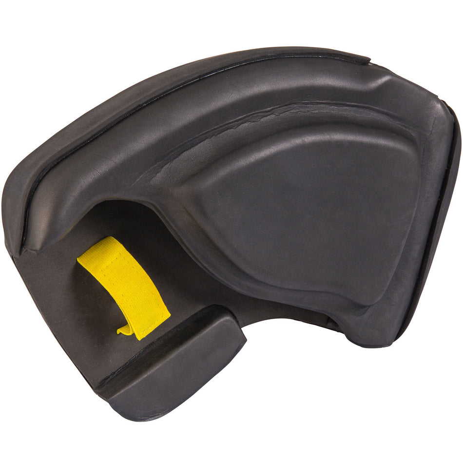 The Grays Nitro GK Hand Protector (Right hand only) by Grays is a black, curved, padded mitt with an ergonomic design and yellow strap for secure handling, ideal for training and enhancing punching accuracy and power.
