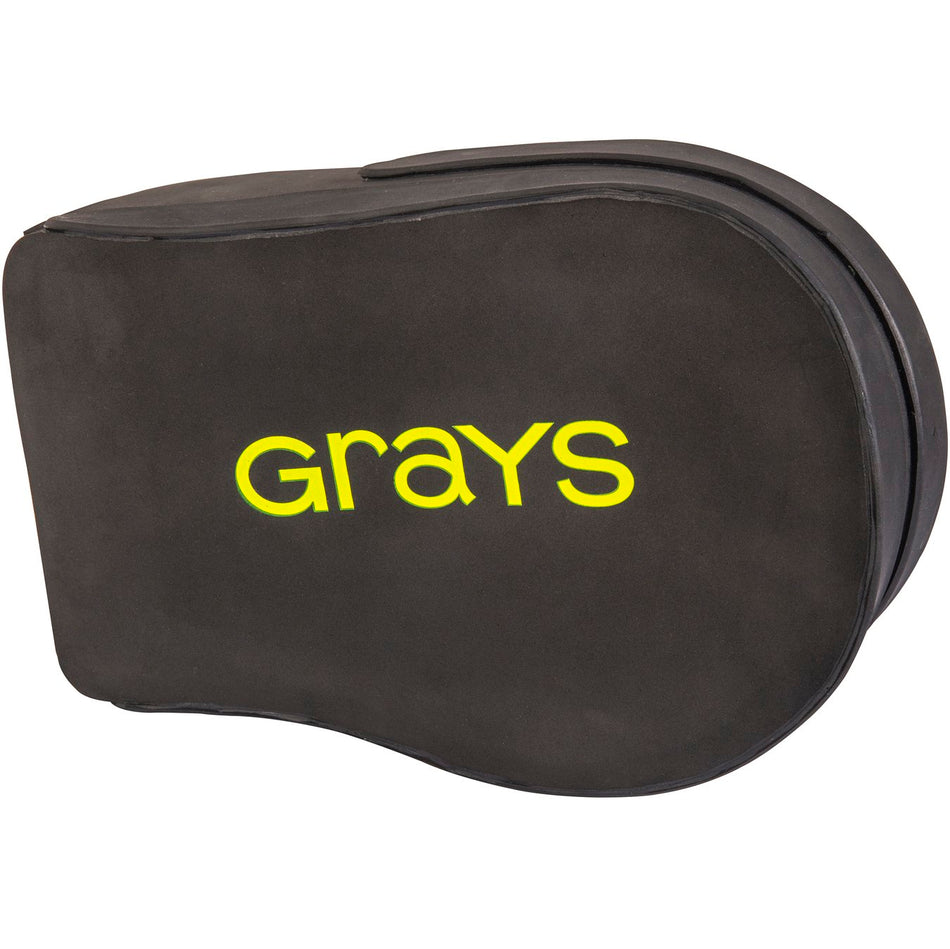 A black Grays Nitro GK left-hand field hockey goalie protector with ergonomic design, padded wrist support, and "Grays" in bright yellow on top.