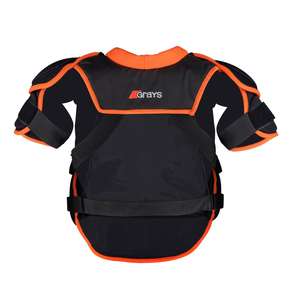 The Grays Elite GK Body Armour is a black and orange padded chest protector with shoulder and arm guards, adjustable straps, and the Grays logo on the upper back—ideal lightweight protection for elite athletes.