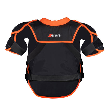 The Grays Elite GK Body Armour is a black and orange padded chest protector with shoulder and arm guards, adjustable straps, and the Grays logo on the upper back—ideal lightweight protection for elite athletes.
