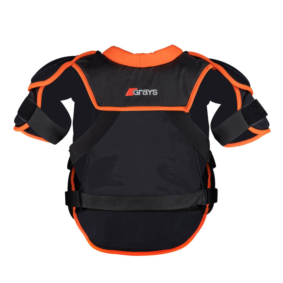 The Grays Elite GK Body Armour is a black and orange padded chest protector with shoulder and arm guards, adjustable straps, and the Grays logo on the upper back—ideal lightweight protection for elite athletes.