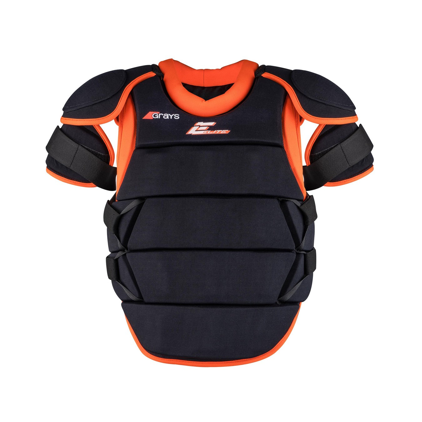 The Grays Elite GK Body Armour by Grays is a black and orange padded chest protector with shoulder guards for sports safety, offering lightweight comfort and an adjustable fit, shown against a white background.