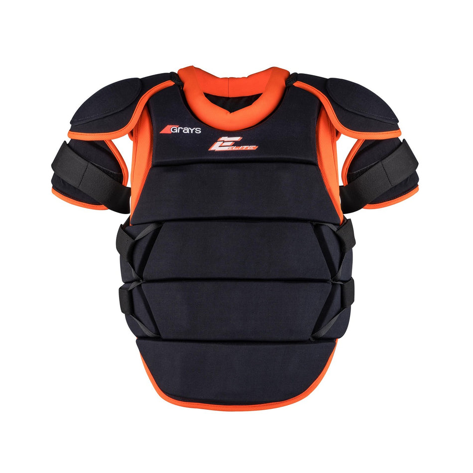 The Grays Elite GK Body Armour by Grays is a black and orange padded chest protector with shoulder guards for sports safety, offering lightweight comfort and an adjustable fit, shown against a white background.