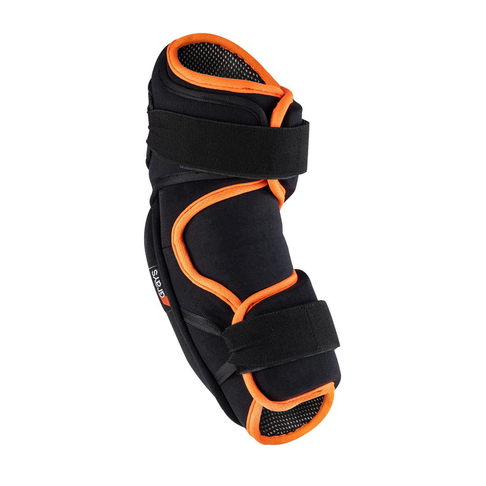The Grays Elite GK Arm Guards by Grays are black and orange orthopedic braces with reinforced elbow padding and two adjustable Velcro straps, offering lightweight limb support—perfect for injury recovery or extra stability.