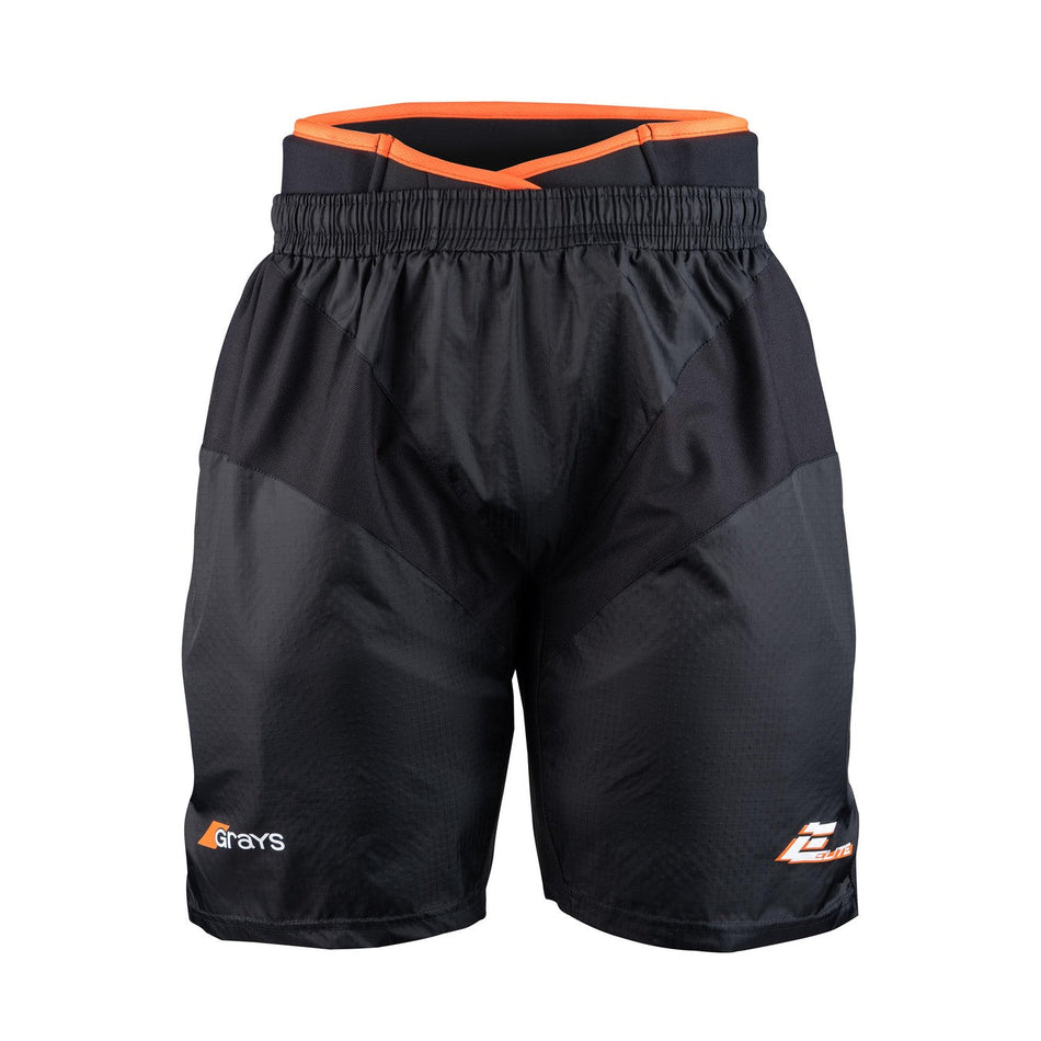 Grays Elite Pro GK Overshorts - Junior by Grays feature orange accents, two white logos, an elastic waistband, and ripstop fabric with mixed textures and a slightly glossy finish—perfect for junior athletes.
