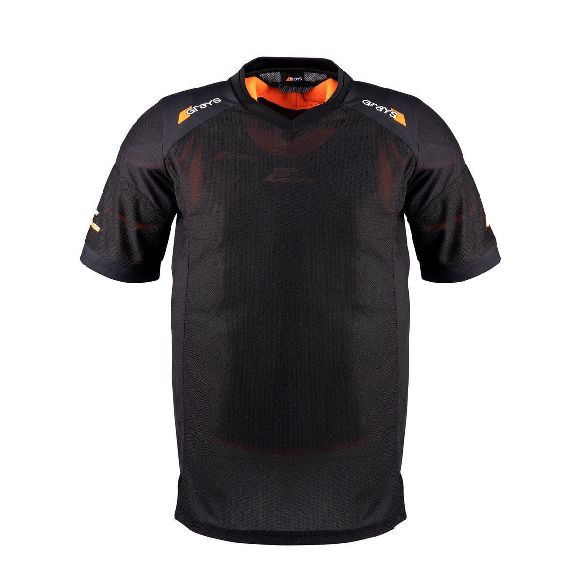 The Grays Elite Pro S/S Smock is a black short-sleeve sports jersey with orange collar and shoulder accents, breathable mesh panels, and subtle Grays logos—ideal for goalkeepers seeking comfort and style.