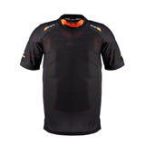 The Grays Elite Pro S/S Smock is a black short-sleeve sports jersey with orange collar and shoulder accents, breathable mesh panels, and subtle Grays logos—ideal for goalkeepers seeking comfort and style.