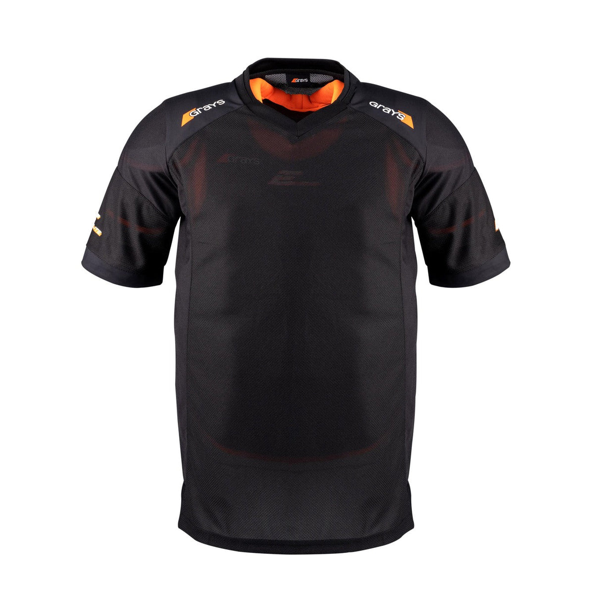 The Grays Elite Pro S/S Smock - Junior is a black short-sleeve jersey with orange shoulder and collar accents, subtle branding on the chest and sleeves, and made from breathable popcorn mesh. Brand: Grays. Color: Black.