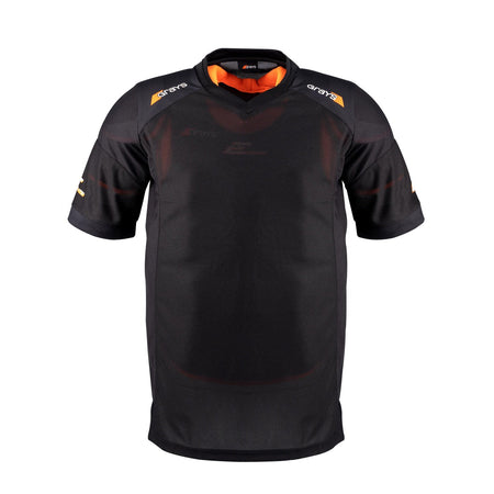 The Grays Elite Pro S/S Smock - Junior is a black short-sleeve jersey with orange shoulder and collar accents, subtle branding on the chest and sleeves, and made from breathable popcorn mesh. Brand: Grays. Color: Black.