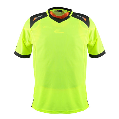 The Grays Elite Pro S/S Smock by Grays is a Fluo Yellow short-sleeve goalkeeper top with black shoulder and collar accents, breathable mesh panels, shown against a plain white background.