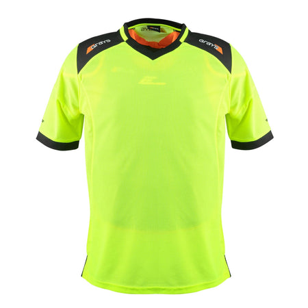 The Grays Elite Pro S/S Smock - Junior is a Fluo Yellow short-sleeved jersey with black and orange trimmed shoulders and collar, made from breathable popcorn mesh, shown against a white background.