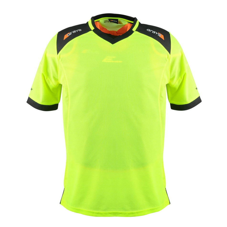 The Grays Elite Pro S/S Smock - Junior is a Fluo Yellow short-sleeved jersey with black and orange trimmed shoulders and collar, made from breathable popcorn mesh, shown against a white background.