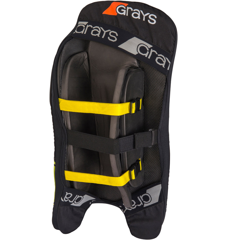 A black and gray Grays Nitro Indoor Pad Covers with yellow straps, padded interior, and elastic design for secure fit, designed to offer superior protection during play.