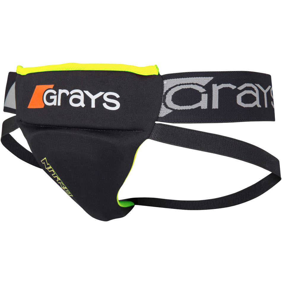 The Grays Nitro Womens Abdo Guard is a black and neon yellow athletic protective cup with waistband, designed for sports, featuring high density foam for impact absorption and the white and orange Grays logo on the front.