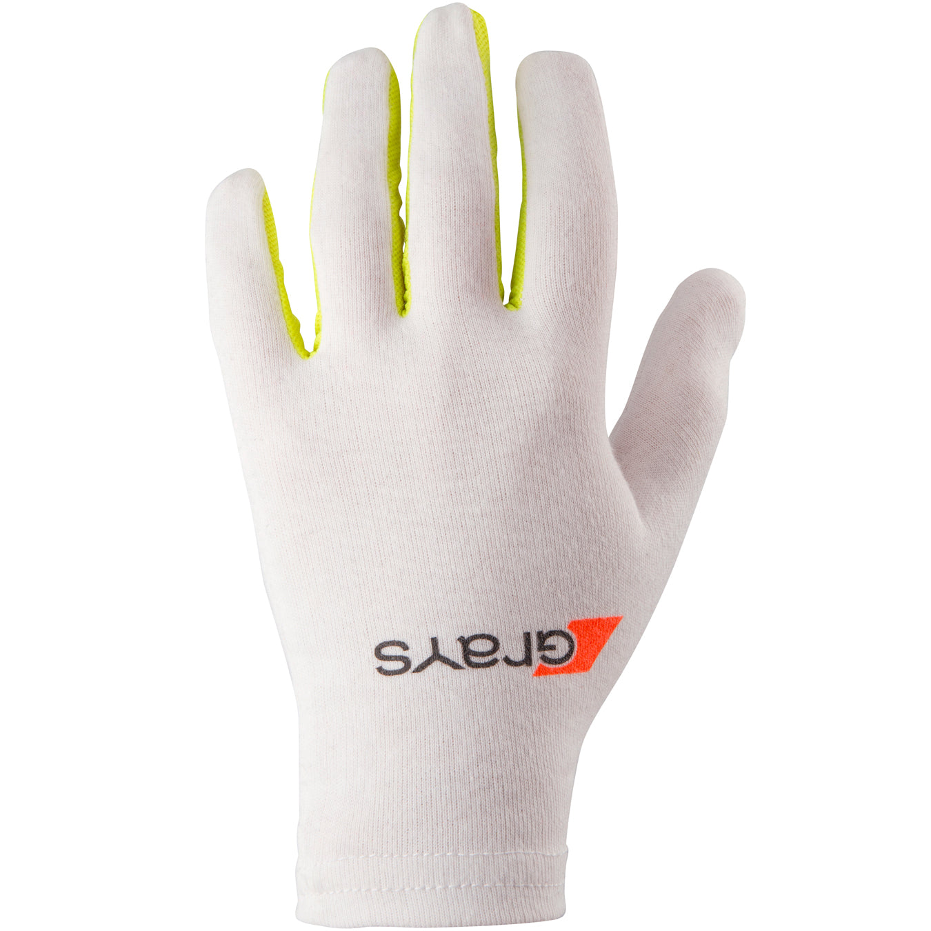 The Grays Nitro Goalie Glove Inners, in white with yellow lining between the fingers and a black and orange Grays logo on the back, are made from premium soft cotton. The glove is shown palm down on a white background.
