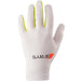 The Grays Nitro Goalie Glove Inners, in white with yellow lining between the fingers and a black and orange Grays logo on the back, are made from premium soft cotton. The glove is shown palm down on a white background.