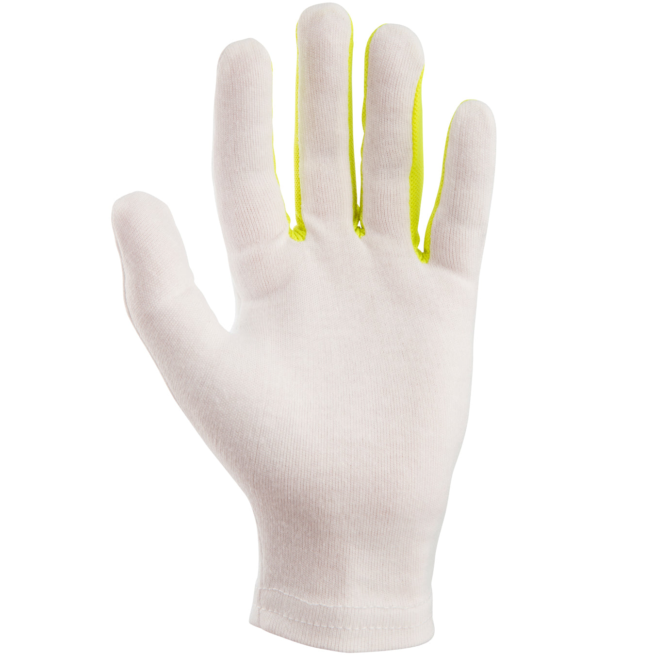 The Grays Nitro Goalie Glove Inners are white premium soft cotton hand protector gloves with a yellow lining between the fingers, shown palm-forward with spread fingers, offering added comfort for goalkeepers.