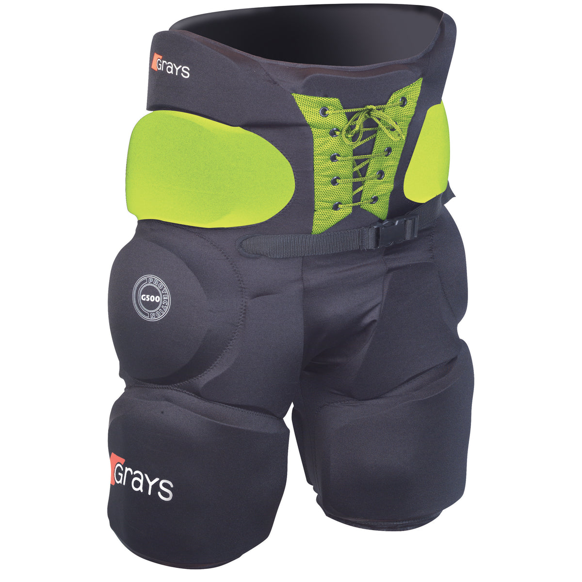 The Grays Nitro 500 Padded Goalie Shorts feature high-density foam padding on the thighs, hips, and front, a lace-up front with belt, green accents, and Grays branding on both legs for superior protection.