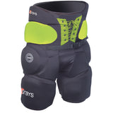 The Grays Nitro 500 Padded Goalie Shorts feature high-density foam padding on the thighs, hips, and front, a lace-up front with belt, green accents, and Grays branding on both legs for superior protection.