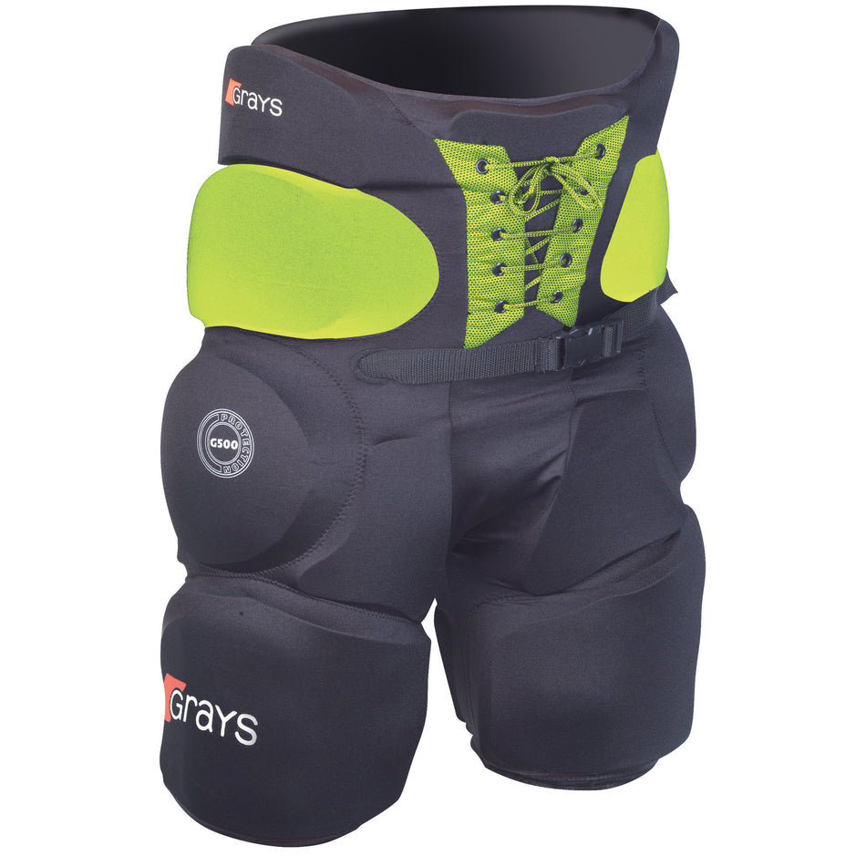The Grays Nitro 500 Padded Goalie Shorts feature high-density foam padding on the thighs, hips, and front, a lace-up front with belt, green accents, and Grays branding on both legs for superior protection.