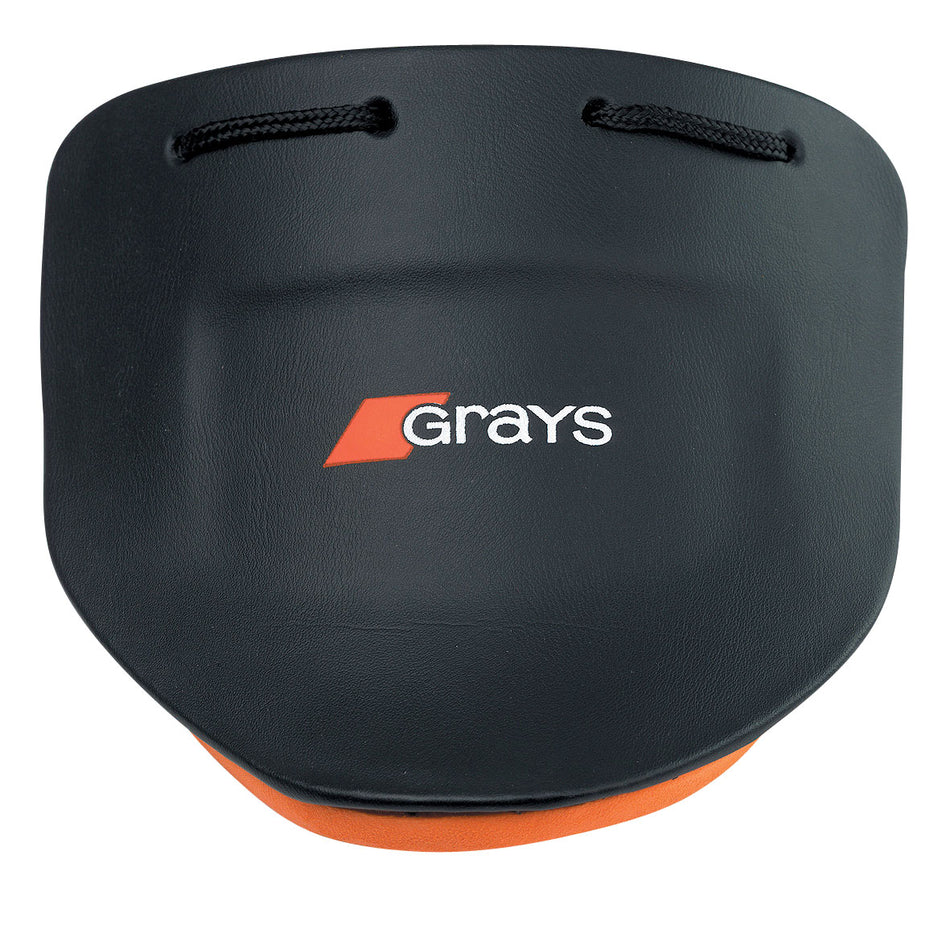 Black Grays Hockey Throat Shield with orange accent, featuring a durable PVC cover and laced attachment, designed for reliable throat protection in field hockey and similar sports.