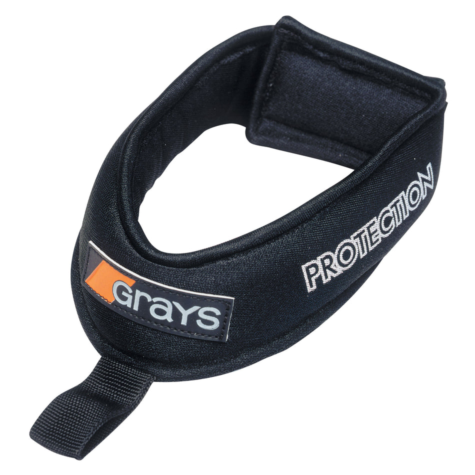 The Grays Hockey Throat Shield is a black, padded neck guard by Grays, featuring a shield-style throat cover, Velcro closure, and end strap—designed for sports safety.