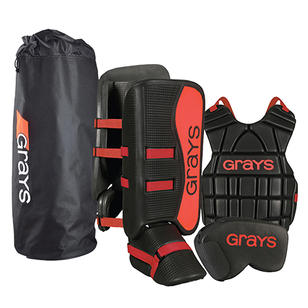 The Grays G90 Junior Goalie Set in black/red includes leg guards, chest protector, groin guard, arm pad, and storage bag—ideal for young goalies and shown against a plain background.