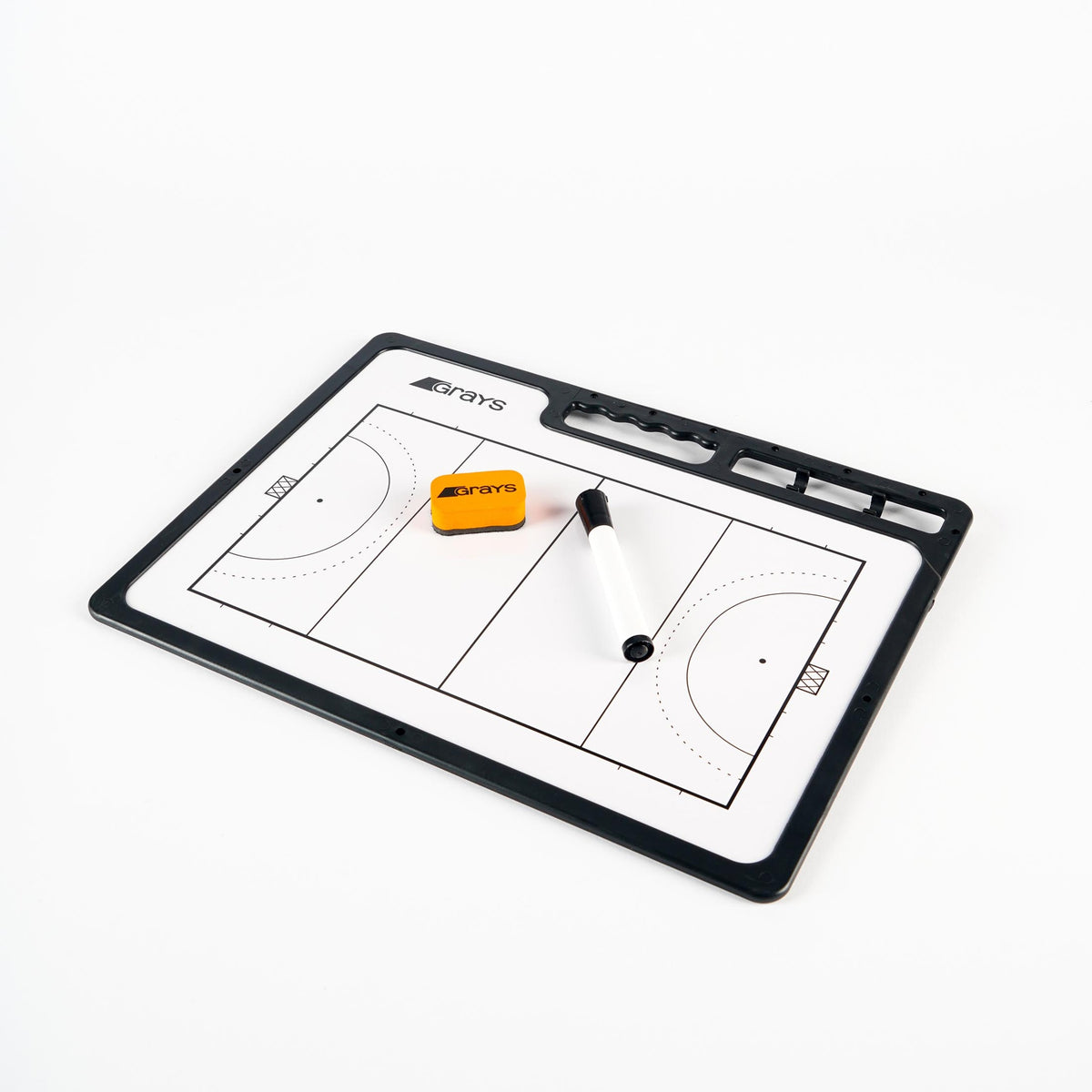 The Grays Hockey Tactic Board by Grays is a reusable surface board displaying a hockey field layout, and comes with a black dry erase marker and small yellow eraser, all shown on a white background.
