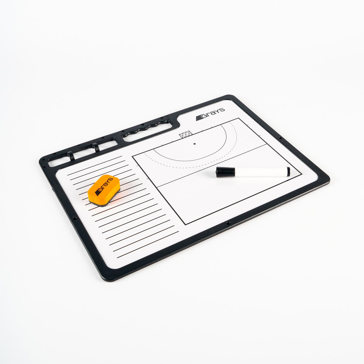 The Grays Hockey Tactic Board by Grays is a black and white coaching board with a reusable surface, featuring a hockey field diagram, an orange eraser, and a black dry-erase marker on a white background.