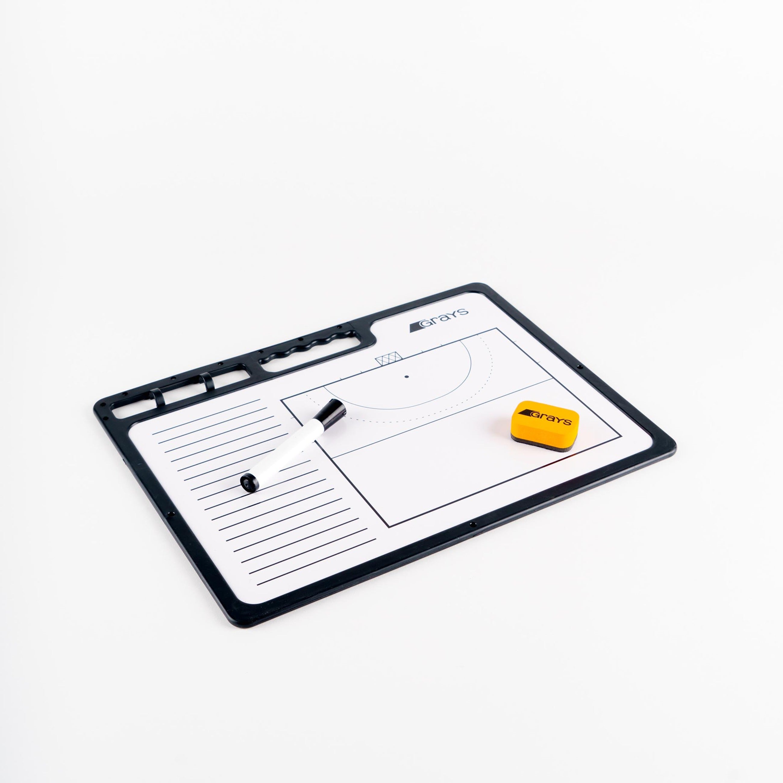 The Grays Hockey Tactic Board by Grays features a reusable surface with a lined section, blank drawing area, black dry erase marker (cap off), and small yellow eraser on a white background.