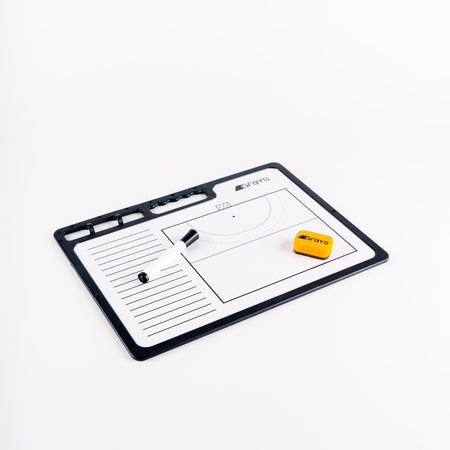 The Grays Hockey Tactic Board by Grays features a reusable surface with a lined section, blank drawing area, black dry erase marker (cap off), and small yellow eraser on a white background.
