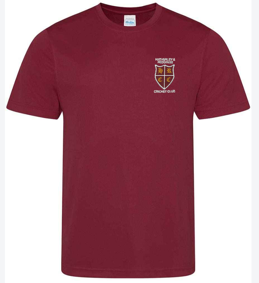 A maroon Gray Nicolls Hatherley & Reddings CC Academy Tee Shirt with short sleeves, featuring a small yellow and white crest on the left chest. Available in junior and senior sizes.
