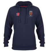 The Gray Nicolls Hatherley & Reddings CC Velocity Hoodie is a navy blue organic cotton hoodie with a front pocket, drawstrings, and two chest logos: one red and white, the other a shield with CRICKET CLUB text.