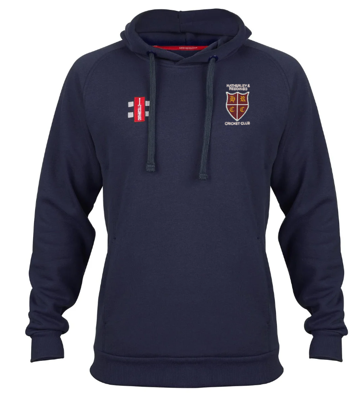 The Gray Nicolls Hatherley & Reddings CC Velocity Hoodie is a navy blue organic cotton hoodie with a front pocket, drawstrings, and two chest logos: one red and white, the other a shield with CRICKET CLUB text.