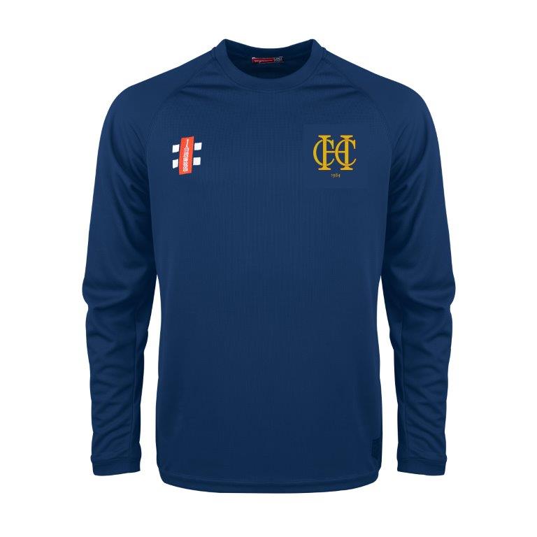 The Gray Nicolls Hawkesbury Upton CC Matrix V2 L/S Training Shirt is a navy athletic top featuring a yellow left chest emblem, red and white right chest logo, round neckline, and moisture-wicking fabric for comfort during workouts.