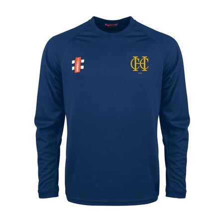 The Gray Nicolls Hawkesbury Upton CC Matrix V2 L/S Training Shirt is a navy athletic top featuring a yellow left chest emblem, red and white right chest logo, round neckline, and moisture-wicking fabric for comfort during workouts.